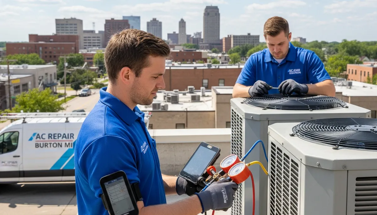 Professional AC repair technician servicing air conditioner unit in Flint MI home
