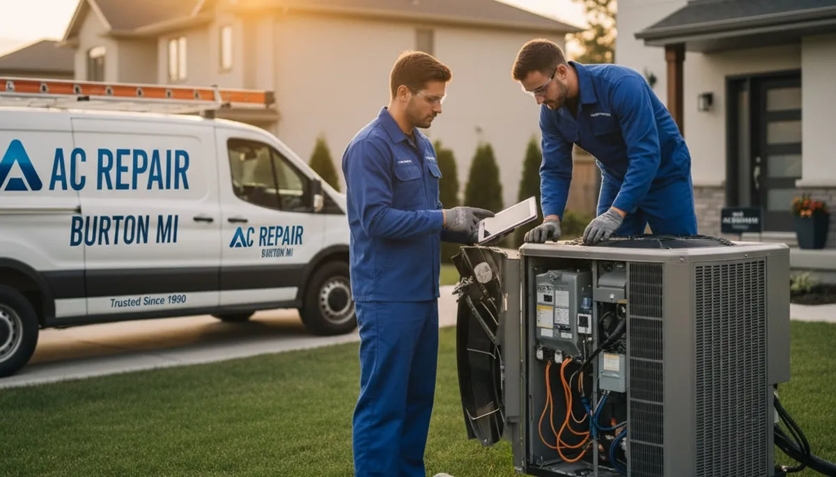 Professional AC repair technician servicing air conditioner unit in Flint, MI home