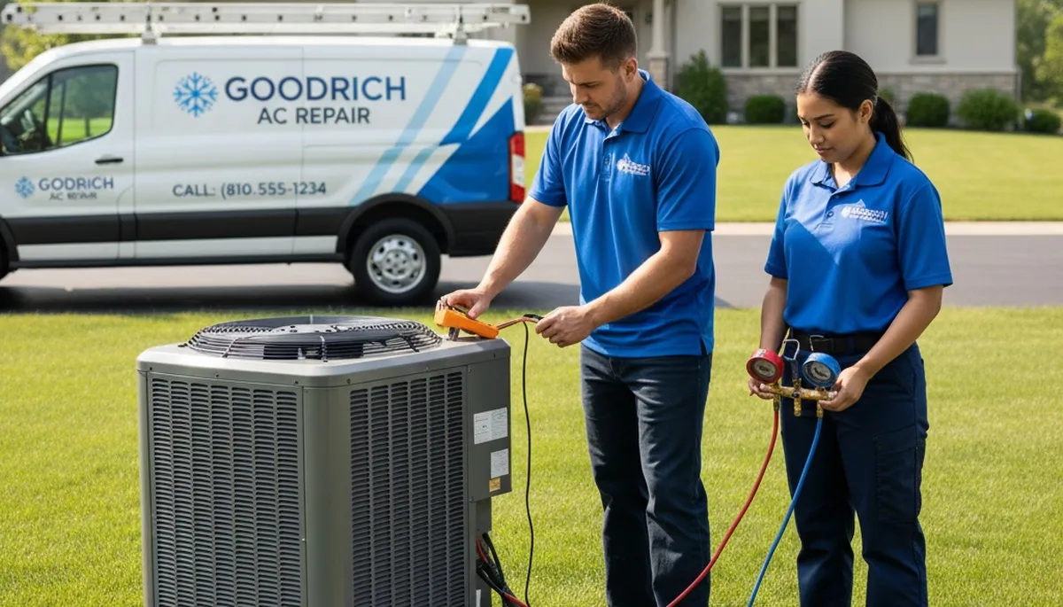 Professional AC repair technician servicing air conditioner unit in Flint, MI