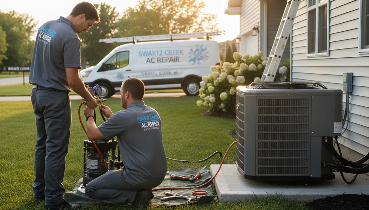 Professional AC repair technician servicing air conditioner unit in Flint MI home