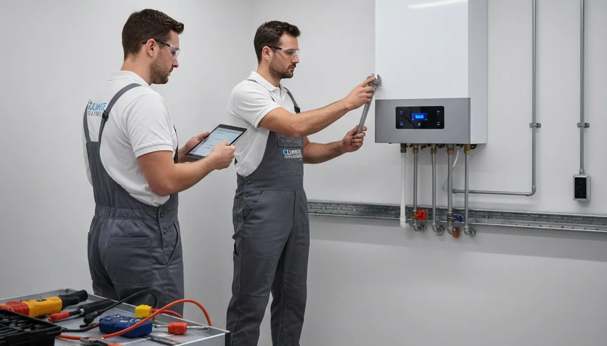 Technician performing boiler repair service in Flint, MI for residential heating system maintenance
