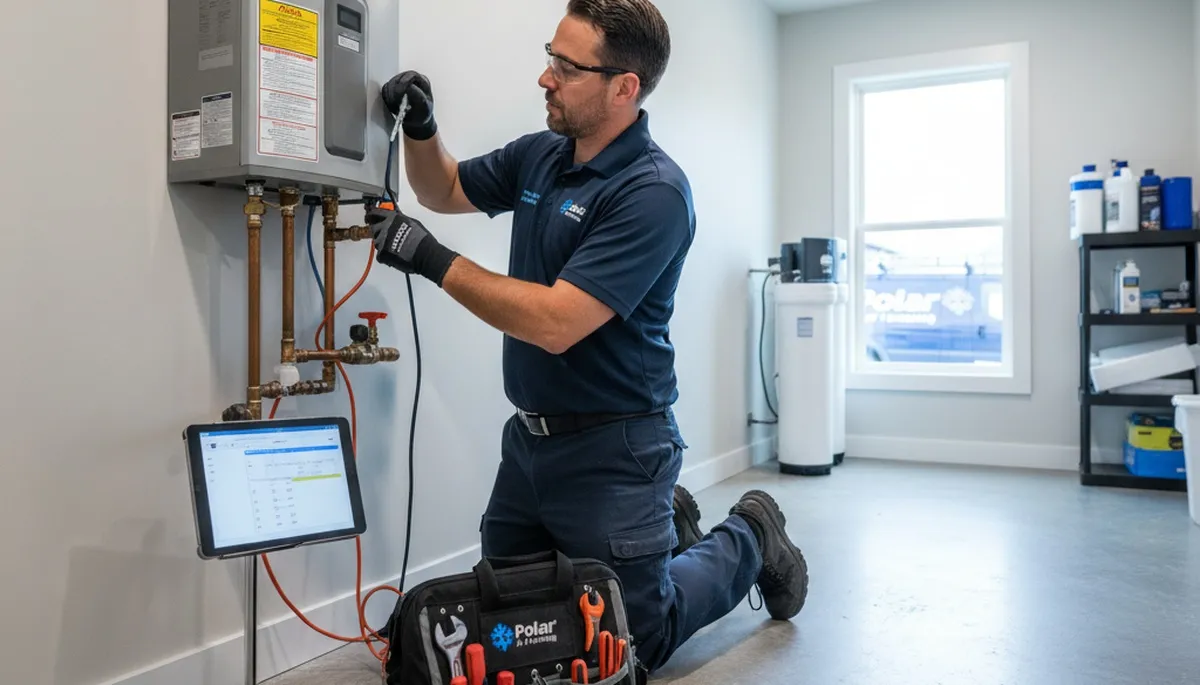 Technician repairing residential water heater in Flint, MI for Five Star Cooling repair service